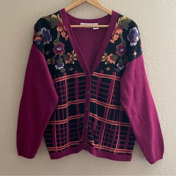 Vintage That's Me! Embroidery Flowers Sweater Cardigan L - Picture 7 of 16